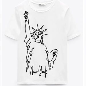 NWT. Zara White Embroidery "Statue of Liberty, New York" T-Shirt. Size S.